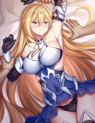 Rule 34 | 1girl, arm up, armor, armored dress, armpits, bare shoulders, bianka durandal ataegina, black gloves, black panties, blonde hair, blue dress, blue eyes, breasts, closed mouth, clothes lift, dress, dress lift, elbow gloves, flower panties, from above, frown, gloves, guardian-panda, hair between eyes, halter dress, halterneck, highres, holding another&#039;s wrist, honkai (series), honkai impact 3rd, large breasts, long hair, looking at viewer, lying, on back, panties, pov, short dress, solo focus, sweat, underwear, vambraces, very long hair
