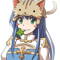 Rule 34 | 1girl, :3, animal, animal on head, arch bishop (ragnarok online), blue dress, blue hair, blush stickers, brown cat, cat, cat on head, cleavage cutout, closed mouth, clothing cutout, clover, commentary request, cross, dress, four-leaf clover, green eyes, juliet sleeves, long hair, long sleeves, looking at viewer, mouth hold, natsuya (kuttuki), on head, puffy sleeves, ragnarok online, simple background, smile, solo, stalk in mouth, two-tone dress, upper body, white background, white dress