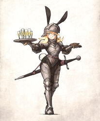 Rule 34 | 1girl, animal ears, armor, armored leotard, blue eyes, closed mouth, cup, drinking glass, fake animal ears, full body, perlweiss (ironlily), helmet, highres, holding, holding tray, ironlily, leotard, original, playboy bunny, scabbard, sheath, smile, solo, tray, wine glass