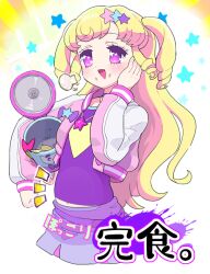 Rule 34 | 1girl, :d, puff of air, belly, blonde hair, blush, commentary request, cropped jacket, cropped legs, food, food on face, hair ornament, hand on own cheek, hand on own face, holding, idol time pripara, jacket, jewelry, long hair, long sleeves, looking at viewer, moudoku (decopon3rd), necklace, open mouth, pink jacket, pretty series, pripara, purple eyes, purple shirt, purple skirt, rice cooker, shirt, skirt, smile, star (symbol), star hair ornament, star in eye, star necklace, symbol in eye, takki (pripara), translation request, two side up, yumekawa yui