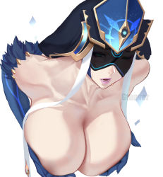 Rule 34 | 1girl, blindfold, blue headwear, blue lips, breast hold, breasts, collarbone, elbow gloves, eyeliner, genshin impact, gloves, green eyes, gtunver, hat, large breasts, leaning forward, makeup, mirror maiden (genshin impact), one eye closed, open mouth, topless