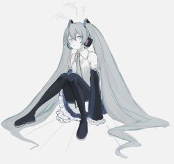 Rule 34 | 1girl, arms at sides, bare shoulders, black thighhighs, breasts, commentary request, detached sleeves, expressionless, eyelashes, frilled skirt, frilled sleeves, frills, full body, grey background, grey eyes, grey hair, grey shirt, hair between eyes, hatsune miku, headset, highres, knees together feet apart, long hair, looking away, necktie, number tattoo, p2 (uxjzz), parted lips, shirt, shoulder tattoo, simple background, sitting, skirt, sleeveless, sleeveless shirt, small breasts, solo, tattoo, thighhighs, twintails, very long hair, vocaloid