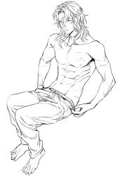 Rule 34 | 10s, 1boy, abs, bad id, bad pixiv id, barefoot, closed mouth, collarbone, contemporary, full body, granblue fantasy, greyscale, groin, k29, long hair, male focus, monochrome, pants, scar, siegfried (granblue fantasy), sitting, solo, sweatpants, topless male, undressing