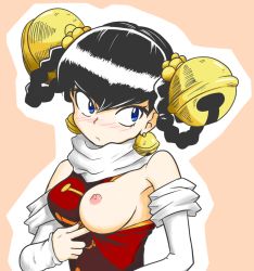 Rule 34 | 1girl, bad id, bad pixiv id, bare shoulders, bell, bell earrings, black hair, blue eyes, blush, braid, breasts, china dress, chinese clothes, detached sleeves, dress, earrings, female focus, hair ornament, jewelry, lin lin (one-punch man), looking away, nipples, no bra, one-punch man, one breast out, pink background, scarf, simple background, solo, twin braids, upper body