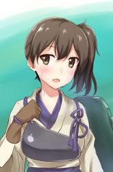 Rule 34 | 10s, 1girl, :d, brown eyes, brown hair, flight deck, gloves, highres, japanese clothes, kaga (kancolle), kantai collection, muneate, open mouth, partially fingerless gloves, partly fingerless gloves, shinonome haru, short sidetail, smile, solo, sweat, yugake
