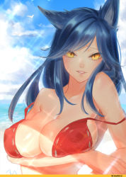 Rule 34 | 1girl, ahri (league of legends), animal ears, bare shoulders, bikini, black hair, blush, breasts, cleavage, covered erect nipples, facial mark, female focus, hand on own hip, hikarusorano, large breasts, league of legends, long hair, looking at viewer, ocean, open mouth, outdoors, slit pupils, smile, solo, sunlight, swimsuit, tail, underboob, upper body, water, whisker markings, yellow eyes