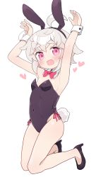 Rule 34 | 1girl, ahoge, animal ears, black footwear, black leotard, bow, bowtie, breasts, commentary, commentary request, detached collar, heart, high heels, highres, kibisake, leotard, looking at viewer, navel, open mouth, original, oversized breast cup, pink eyes, playboy bunny, rabbit ears, rabbit pose, rabbit tail, red bow, red bowtie, short eyebrows, short hair, simple background, small breasts, solo, tail, torii koyomi, white background, white hair, wrist cuffs