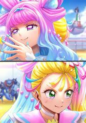 Rule 34 | 2girls, back-to-back, blonde hair, blue hair, blue nails, blurry, blurry background, chongire, cure la mer, cure summer, earrings, gem, gradient hair, green eyes, highres, itou shin&#039;ichi, jewelry, laura (precure), long hair, multicolored hair, multiple girls, nail polish, natsuumi manatsu, numeri (precure), pearl (gemstone), precure, purple eyes, purple hair, side ponytail, smile, tropical-rouge! precure