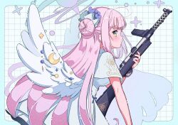 Rule 34 | 1girl, angel wings, blue archive, blue border, blue bow, blush, border, bow, capelet, crescent, dress, flower, from side, gradient hair, grid background, gun, hair bun, hair flower, hair ornament, hair ribbon, halo, holding, holding gun, holding weapon, lanchester smg, leaning forward, long hair, looking at viewer, low wings, mika (blue archive), multicolored hair, pink hair, purple flower, purple hair, purple halo, ribbon, rindou ringdong, sidelocks, single side bun, solo, submachine gun, underbust, very long hair, weapon, white background, white capelet, white dress, white ribbon, wings, yellow eyes