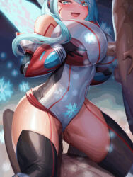 Rule 34 | 1girl, 2boys, animated, black thighhighs, blue eyes, blue hair, censored, clothing aside, cowgirl position, cum, grabbing own breast, hat, heart, heart-shaped pupils, hoqn, ico (megaman x dive), leotard, leotard aside, live2d, looking at viewer, lowres, mega man (series), mega man x (series), mega man x dive, mosaic censoring, multiple boys, paizuri, paizuri over clothes, penis, perpendicular paizuri, santa hat, sex, snowing, straddling, symbol-shaped pupils, thighhighs, vaginal, video