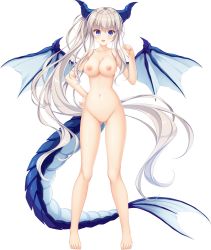 Rule 34 | 1girl, absurdres, barefoot, blue eyes, completely nude, dragon girl, dragon horns, dragon tail, dragon wings, drapri guu-ta-life 2, full body, hand on own hip, highres, horns, iris (drapri guu-ta-life), long hair, navel, nipples, no pussy, nude, official art, photoshop (medium), solo, tail, takano yuki (allegro mistic), transparent background, very long hair, white hair, wings