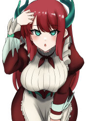 Rule 34 | 1girl, :o, aqua eyes, arm support, blush, breasts, cowboy shot, dragon horns, dress, expressionless, eyelashes, frills, hair between eyes, hand in own hair, hand on own leg, hand up, highres, horns, kitchen dragonmaid, large breasts, leaning forward, long hair, long sleeves, looking up, maid, open mouth, puffy sleeves, red hair, sawatarou (roto), simple background, solo, straight hair, striped clothes, striped dress, swept bangs, vertical-striped clothes, vertical-striped dress, white background, wrist guards, yu-gi-oh!