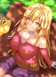 Rule 34 | + +, 1girl, alternate costume, bag, bare shoulders, belt, blonde hair, blush, breasts, bright pupils, brown belt, bubble tea challenge, casual, choker, collarbone, cup, dappled sunlight, day, disposable cup, drinking straw, drinking straw in mouth, feet out of frame, floral print, flower print, from above, gloves, hair between eyes, handbag, highres, large breasts, long hair, looking at viewer, looking up, object on breast, off-shoulder sweater, off shoulder, on bench, outdoors, pink sweater, plaid, plaid skirt, purple skirt, rose print, shokuhou misaki, sitting, skirt, solo, sparkle, sparkle print, sparkling eyes, star-shaped pupils, star (symbol), star print, sunlight, sweater, symbol-shaped pupils, thighs, toaru kagaku no railgun, toaru majutsu no index, toaru majutsu no index gaiden: toaru kagaku no mental out, white choker, white gloves, yellow eyes, yellow pupils, zai-senpai