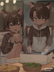 Rule 34 | 2boys, :d, absurdres, animal ear fluff, animal ears, artist name, bacon, bandaid, bandaid hair ornament, blush, bowl, cat boy, cat ears, cherry tomato, child, chips (food), cooking, cup, drawstring, food, green eyes, hair ornament, highres, holding, holding food, holding spatula, hood, hood down, hoodie, lettuce, looking down, male focus, mug, multiple boys, omurice (roza4957), open mouth, original, paid reward available, plate, potato chips, salad, sandwich, short hair, sitting, frying pan, smile, spatula, steam, table, tomato, twitter username