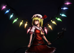 Rule 34 | 1girl, ascot, black background, blonde hair, breasts, closed mouth, collared shirt, commentary, cowboy shot, crystal, dark background, english commentary, flandre scarlet, glowing, glowing wings, hat, hat ribbon, holding, holding polearm, holding weapon, lace, lace-trimmed skirt, lace trim, laevatein (touhou), medium hair, mob cap, multicolored wings, polearm, puffy short sleeves, puffy sleeves, red eyes, red ribbon, red skirt, red vest, ribbon, ribbon-trimmed headwear, ribbon trim, shirt, short sleeves, simple background, skirt, skirt set, sleeve ribbon, small breasts, solo, touhou, tseirp, vest, weapon, white hat, white shirt, wings, yellow ascot