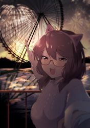 Rule 34 | 1girl, :d, alternate costume, animal ears, aran sweater, bad id, bad pixiv id, blurry, blurry background, blush, brown eyes, brown hair, cable knit, commentary request, commission, fake animal ears, ferris wheel, fireworks, glasses, hair between eyes, holding hands, long sleeves, looking at viewer, low twintails, nanana napi, night, open mouth, outdoors, outstretched hand, partial commentary, pointing, pov, pov hands, red-framed eyewear, reflection, reflective water, semi-rimless eyewear, short hair, skeb commission, smile, solo, sunset, sweater, teeth, touhou, twintails, under-rim eyewear, upper body, upper teeth only, usami sumireko, water, white sweater