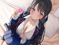 Rule 34 | 1girl, bed, bed sheet, black hair, black jacket, black socks, blue skirt, blurry, blurry background, blush, breasts, cleavage, collarbone, collared shirt, condom, condom wrapper, hair between eyes, highres, holding, jacket, jfjf, large breasts, long hair, long sleeves, looking at viewer, non-web source, on bed, open mouth, original, pleated skirt, purple eyes, school uniform, shirt, sidelocks, sitting, skirt, socks, solo, wariza, white shirt
