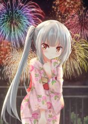Rule 34 | 10s, blush, brown eyes, grey hair, hanabi, highres, japanese clothes, kantai collection, kasumi (kancolle), kimono, long hair, night, personification, twintails