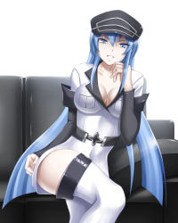 Rule 34 | 10s, 1girl, akame ga kill!, blue eyes, blue hair, boots, breasts, cleavage, couch, esdeath, hat, highres, kyo-second, large breasts, long hair, looking at viewer, matching hair/eyes, military, military uniform, peaked cap, sitting, smile, solo, thigh boots, thighhighs, uniform, very long hair