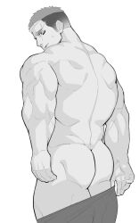 Rule 34 | 1boy, arms at sides, ass, back muscles, bara, blush, clothes pull, from behind, greyscale, highres, kansuke (kansuke 717), live a hero, male focus, medium sideburns, monochrome, muscular, muscular male, pants, pants pull, shaft (live a hero), short hair, solo, standing, sweatdrop, thick eyebrows, thick thighs, thighs, topless male, undercut, undressing