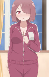 Rule 34 | 1girl, absurdres, blush, breasts, cleavage, collarbone, curtains, hair over one eye, highres, hoshino miyako (wataten), jacket, large breasts, long sleeves, looking at viewer, open mouth, pants, pink eyes, pink hair, poa mellhen, red jacket, red pants, short hair, solo, standing, track jacket, track pants, track suit, unzipping, watashi ni tenshi ga maiorita!, window, zipper