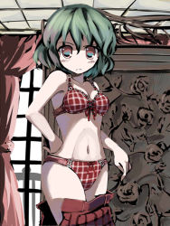 Rule 34 | 1girl, blush, bra, breasts, cleavage, clothes pull, female focus, frown, gatau, green hair, hand on own hip, kazami yuuka, lingerie, medium breasts, multicolored eyes, no nose, panties, plaid, plaid bra, plaid panties, skinny, skirt, skirt pull, slender, solo, touhou, underwear, underwear only, undressing, window