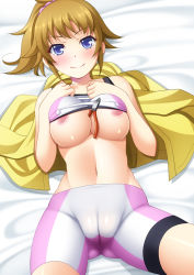 Rule 34 | 10s, 1girl, bad anatomy, bare shoulders, bed sheet, between breasts, bike shorts, blue eyes, blush, breasts, brown hair, cameltoe, clothes lift, covered erect nipples, female focus, gundam, gundam build fighters, gundam build fighters try, hoshino fumina, large breasts, lying, midriff, narutaki shin, navel, on back, ponytail, revision, shiny skin, shirt lift, skindentation, smile, solo, sports bra, sports bra lift, two-tone sports bra, wire cutters