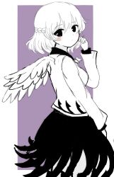 Rule 34 | 1girl, blush, bow, bowtie, feathered wings, greyscale with colored background, highres, holding, holding hair, kishin sagume, looking at viewer, rei (tonbo0430), short hair, single wing, skirt, solo, tagme, touhou, wings