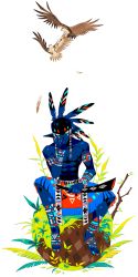 Rule 34 | 1boy, 2013, animal, bird, blue eyes, blue feathers, blue skin, bodypaint, colored skin, eda, facepaint, feather hair ornament, feathers, full body, hair ornament, hand on own cheek, hand on own face, highres, horn (instrument), looking at viewer, male focus, original, pointy ears, red eyes, ringed eyes, rock, sitting, sitting on rock, solo, toned, toned male, topless male, white background