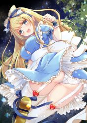 Rule 34 | 1girl, :d, ass, blonde hair, blue bow, blue dress, blush, bow, breasts, cleavage, dress, emu alice, garter straps, gomano rio, green eyes, hair bow, heart, highres, large breasts, liver city, long hair, looking at viewer, night, night sky, official art, open mouth, outdoors, panties, pantyshot, short sleeves, sky, smile, solo, standing, twisted torso, underwear, white legwear, white panties