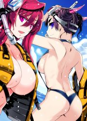 Rule 34 | 10s, 2girls, ass, back, bikini, blue sky, breasts, cleavage, cloud, contemporary, day, dragon horns, eyebrows, goggles, goggles on head, highres, horns, huge breasts, ishida akira, karyuu koujo, large breasts, life vest, long hair, maou (maoyuu), maoyuu maou yuusha, multiple girls, naked vest, o-ring, o-ring bikini, ocean, off shoulder, official art, open clothes, open vest, parted lips, pink eyes, promotional art, purple eyes, red hair, short hair, sideboob, sideways mouth, sky, slingshot swimsuit, smile, snorkel, strap gap, swimsuit, thick eyebrows, vest, wading, wet