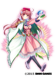 Rule 34 | 1girl, black pantyhose, blush, bow, breasts, copyright name, crystal ball, dmm, dress, flower knight girl, frilled dress, frills, full body, hair bow, highres, holding, jacket, long hair, looking at viewer, name connection, object namesake, official art, pantyhose, protea (flower knight girl), red bow, red hair, smile, solo, standing, tagme, waist cape, walking, white background