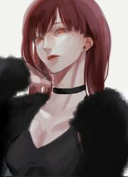 Rule 34 | 1girl, bad id, bad twitter id, black choker, black dress, chainsaw man, choker, coat, collarbone, dress, earrings, fur coat, highres, jewelry, juzoh13, long hair, looking at viewer, makima (chainsaw man), red eyes, red hair, ringed eyes, simple background, solo, stud earrings, white background