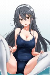 Rule 34 | 10s, 1girl, absurdres, adjusting clothes, adjusting legwear, ame-rain, blue one-piece swimsuit, bow, breasts, brown eyes, cleavage, competition school swimsuit, grey hair, hair between eyes, hair ornament, hairband, hairclip, haruna (kancolle), highres, kantai collection, large breasts, long hair, one-piece swimsuit, school swimsuit, sitting, solo, swimsuit, thighhighs, white thighhighs