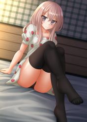 Rule 34 | 1girl, arm support, bed sheet, black panties, black thighhighs, blush, closed mouth, collarbone, commentary, dress, food print, hair between eyes, highres, inui sajuna, kazenokaze, knees up, long hair, no shoes, panties, pink hair, plaid, print dress, puffy short sleeves, puffy sleeves, purple eyes, short sleeves, sitting, soles, solo, sono bisque doll wa koi wo suru, strawberry print, thighhighs, underwear, wavy mouth, white dress