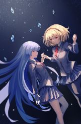 Rule 34 | 2girls, aged up, alternate eye color, black legwear, blazer, blonde hair, blue background, blue hair, blunt bangs, breast pocket, breasts, clenched hand, closed mouth, collared shirt, commentary request, dutch angle, eyebrows hidden by hair, floating, floating hair, furude rika, grey jacket, grey skirt, hair between eyes, hairband, hand up, hands up, highres, higurashi no naku koro ni, holding hands, houjou satoko, jacket, kakera, long sleeves, looking at viewer, looking to the side, medium breasts, medium hair, multiple girls, necktie, pantyhose, pleated skirt, pocket, profile, red eyes, red neckwear, school uniform, shirt, sideways glance, skirt, st. lucia academy school uniform, white shirt, yuya (yuya0711y)