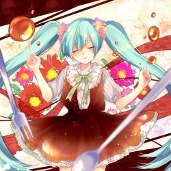 Rule 34 | 1girl, aqua hair, bad id, bad pixiv id, bow, bowtie, closed eyes, dress, fork, gradient background, hatsune miku, highres, hitotoce, kaname monika, long hair, solo, spoon, striped, striped background, twintails, very long hair, vocaloid