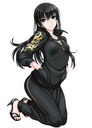 Rule 34 | &gt;:(, 1girl, black hair, black jacket, black shirt, blue eyes, closed mouth, frown, full body, hands in pockets, high heels, isse, jacket, jewelry, kneeling, long hair, looking at viewer, necklace, pants, shirt, sidelocks, simple background, solo, t-shirt, tomokazu sugita no anigera deduuun, track jacket, track pants, track suit, v-shaped eyebrows, white background