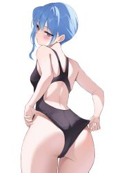 Rule 34 | 1girl, absurdres, adjusting clothes, adjusting swimsuit, alternate costume, ass, asymmetrical hair, back, backless swimsuit, black one-piece swimsuit, blue eyes, blue hair, blush, breasts, closed mouth, competition swimsuit, cowboy shot, embarrassed, fawny, from behind, highres, hololive, hoshimachi suisei, light blue hair, looking at viewer, looking back, medium hair, one-piece swimsuit, side ponytail, simple background, small breasts, solo, standing, star (symbol), star in eye, swimsuit, symbol in eye, virtual youtuber, white background