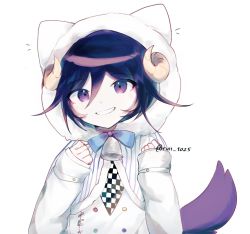 Rule 34 | 1boy, animal ears, artist name, bell, blue bow, blue bowtie, bow, bowtie, cape, checkered clothes, checkered scarf, clenched hands, danganronpa (series), danganronpa v3: killing harmony, fur-trimmed cape, fur trim, grin, hair between eyes, hands up, highres, horns, jacket, medium hair, neck bell, oma kokichi, purple hair, rui (ruii 1025), scarf, smile, solo, striped cape, tail, teeth, white cape, white jacket, wolf tail