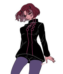 Rule 34 | 1girl, arms at sides, black jacket, black shorts, breasts, commentary, cowboy shot, horns, jacket, long sleeves, looking down, medium breasts, mira (world trigger), pantyhose, pantyhose under shorts, parted bangs, parted lips, purple pantyhose, red eyes, red hair, short hair, shorts, simple background, smile, solo, symbol-only commentary, uniform, white background, world trigger, yk no yd