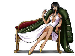 Rule 34 | 1girl, alabasta, alcohol, artist request, black hair, blue eyes, breasts, cleavage, coat, cocktail glass, couch, cup, dress, drinking glass, female focus, formal, fur coat, fur jacket, jacket, jpeg artifacts, large breasts, nico robin, one piece, red upholstery, shoes, sitting, solo, underboob, white dress, yellow footwear