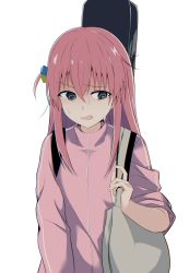 Rule 34 | 1girl, @ @, bag, black eyes, bocchi the rock!, cac itinose, cube hair ornament, gotoh hitori, hair between eyes, hair ornament, hand up, highres, holding strap, instrument case, jacket, long hair, one side up, open mouth, pink hair, pink jacket, solo, sweat, tears, track jacket, wavy mouth
