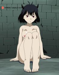 Rule 34 | 1girl, animated, barefoot, black clover, black hair, breasts, cleft of venus, closed eyes, highres, horns, legs apart, legs up, loquillo, medium breasts, nipples, presenting, pussy, red eyes, secre swallowtail, short hair, uncensored