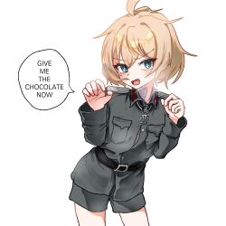 1girl belt black_belt blonde_hair blue_eyes breasts cross english_text german_army hair_between_eyes iron_cross looking_at_viewer medium_hair short_shorts shorts simple_background small_breasts solo speech_bubble tanya_degurechaff thighs white_background yongkak youjo_senki