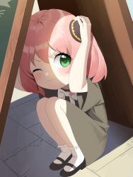 Rule 34 | 1girl, absurdres, ahoge, anya (spy x family), arms up, baby doll socks, black dress, black footwear, blush, bow, child, closed mouth, commentary request, dress, green eyes, hands on own head, highres, leavv, looking at viewer, menu board, one eye closed, pink hair, shoes, short sleeves, socks, solo, spy x family, taking cover, v-shaped eyebrows, wavy mouth, white bow, white socks, wide sleeves