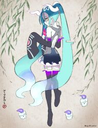 Rule 34 | 1girl, absurdres, aqua hair, back cutout, black thighhighs, clothing cutout, creatures (company), detached sleeves, floating, game freak, gen 5 pokemon, ghost, ghost miku (project voltage), glitch, gradient hair, grey shirt, hag (hag 015), hair between eyes, hatsune miku, highres, litwick, looking at viewer, looking back, multicolored hair, necktie, nintendo, pale skin, pokemon, pokemon (creature), project voltage, see-through, see-through skirt, shirt, skirt, sleeves past fingers, sleeves past wrists, thighhighs, twintails, vocaloid, will-o&#039;-the-wisp (mythology), yellow eyes