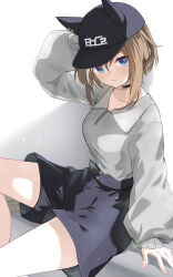 1girl animal_ears animal_hat arm_behind_head arm_up baseball_cap black_choker black_shorts blue_eyes breasts brown_hair cheval_grand_(boc&#039;z)_(umamusume) cheval_grand_(umamusume) choker closed_mouth collarbone commentary_request fake_animal_ears grey_shirt hair_between_eyes hat highres horse_ears long_sleeves looking_at_viewer medium_breasts meyamu multicolored_hair puffy_long_sleeves puffy_sleeves shirt shorts solo streaked_hair umamusume white_background white_hair