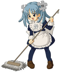 Rule 34 | 1girl, apron, blue eyes, blue hair, highres, kasuga (kasuga39), maid, matching hair/eyes, mop, open mouth, pantyhose, pigeon-toed, short hair, simple background, smile, solo, twintails, waist apron, white background, wikipe-tan, wikipedia