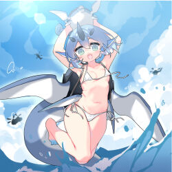 Rule 34 | 1girl, :d, aircraft, animal, arms up, bare arms, bare legs, bare shoulders, barefoot, bikini, blue hair, blue sky, breasts, cloud, collarbone, full body, gameciel the sea turtle kaiju, green eyes, hair between eyes, helicopter, highres, holding, holding animal, horns, navel, open mouth, personification, saru, sharp teeth, side-tie bikini bottom, sky, small breasts, smile, solo, splashing, swimsuit, tail, teeth, wardrobe malfunction, water, white bikini, yu-gi-oh!